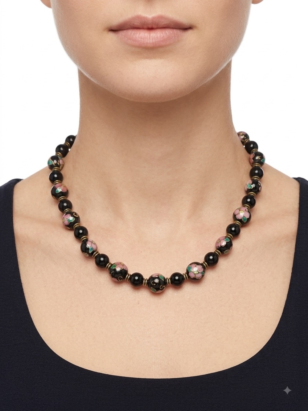 Black Cloisonné Floral Bead Necklace18”/20”